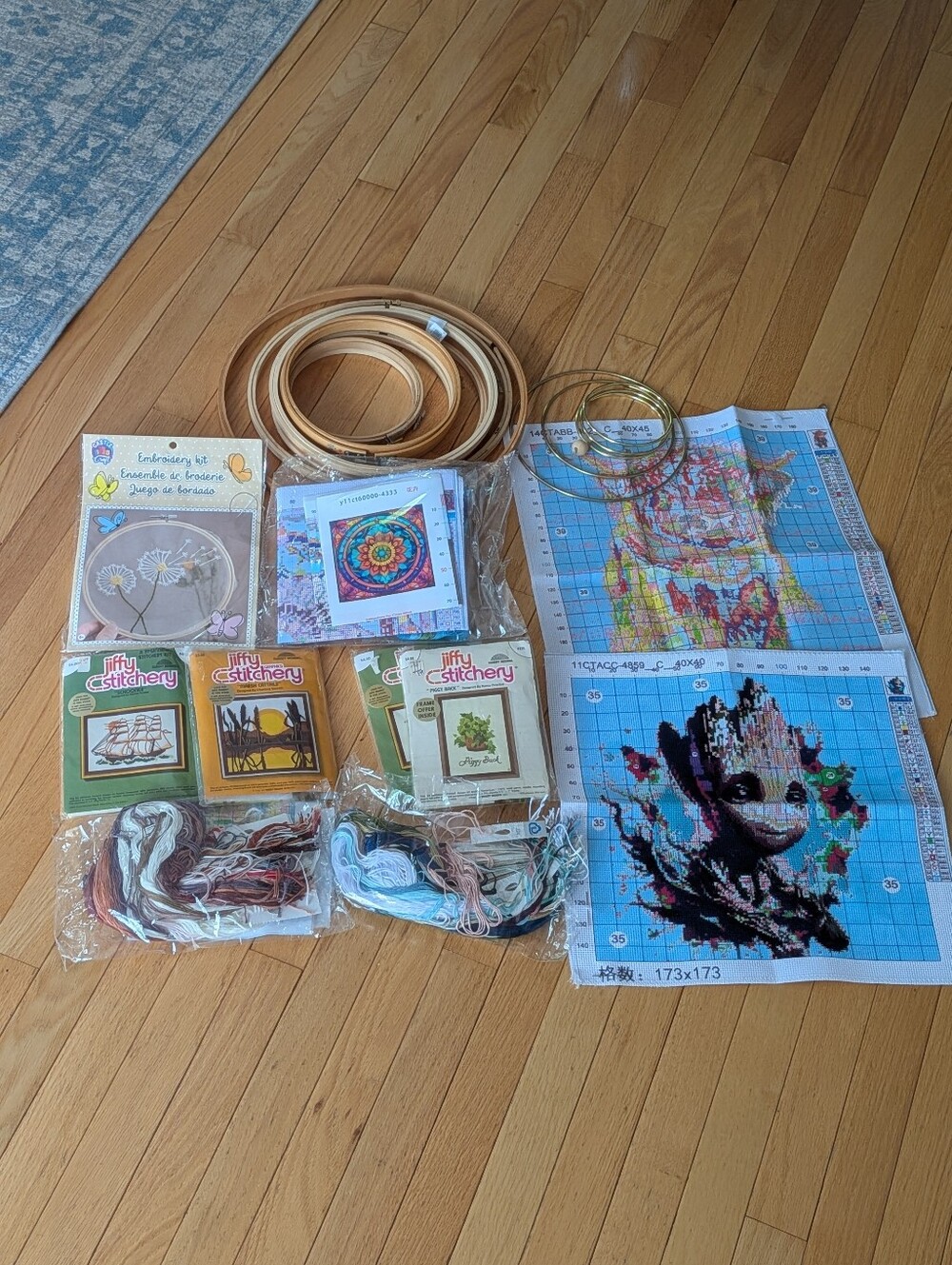 Mega Craft Lot 8 Embroidery Cross Stitch Kits + 16 Wood & Metal Hoops